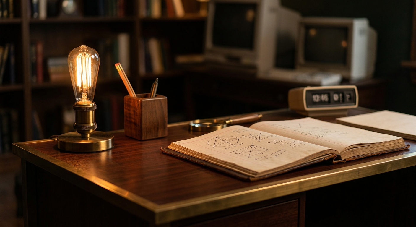 A sleek retro-minimalist trader desk featuring a glowing Edison bulb, wooden vintage accents, and a clean leather-bound ledger containing precise geometric grids and mathematical diagrams, shot in warm moody lighting with a shallow depth of field.
