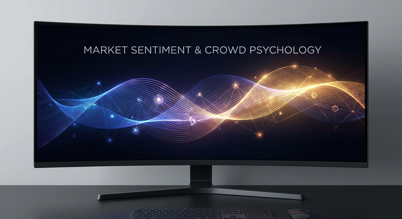Abstract glowing blue and gold vector ribbon representing market cycles and trading psychology in a clean dark mode trading desk aesthetic.