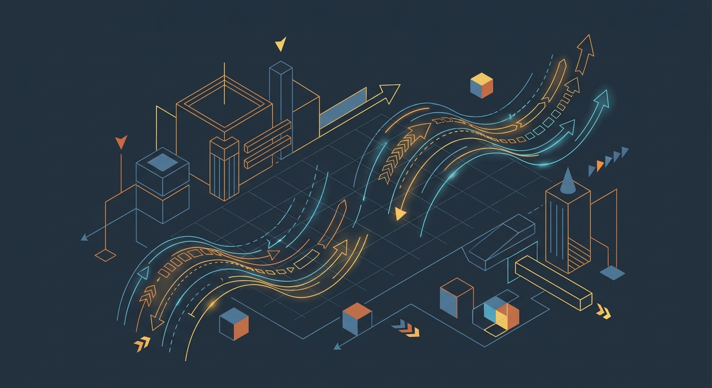 Abstract financial architecture and stylized momentum wave vectors on a dark slate background