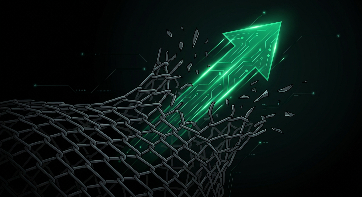 A clean, technical vector illustration representing market leadership and strength. An abstract concept of a shining green arrow pointing up and breaking out of a dark, heavy grey mesh structure, representing price overcoming market drag. Dark mode, technical aesthetic, high contrast.