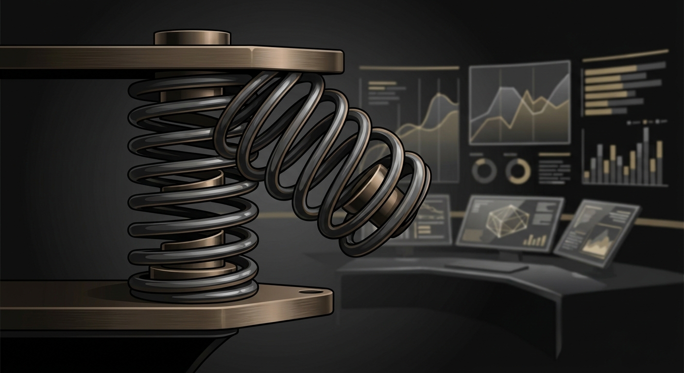 A compressed mechanical bronze spring showing structural range compression on a dark grid texture.