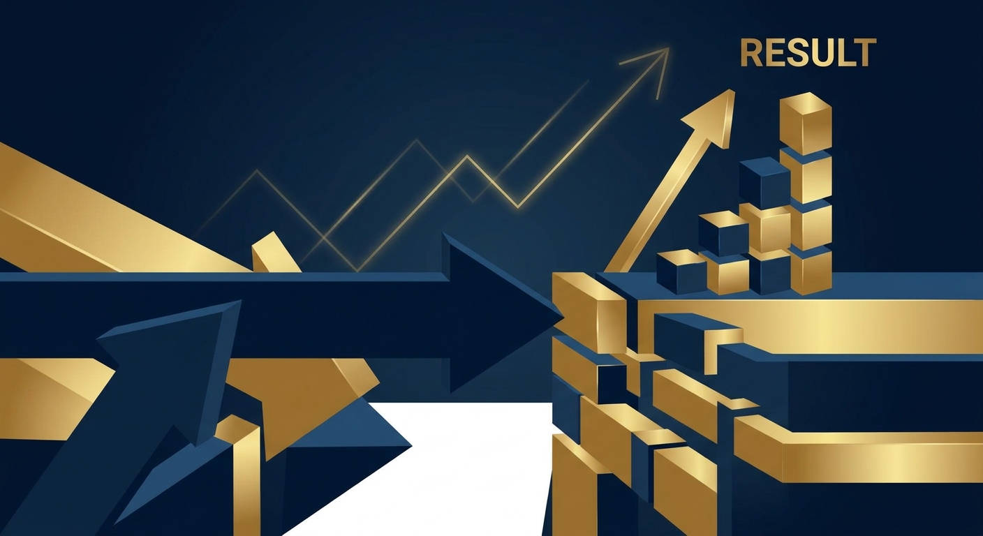 Abstract geometric representation of volume effort and price result on a dark financial theme.