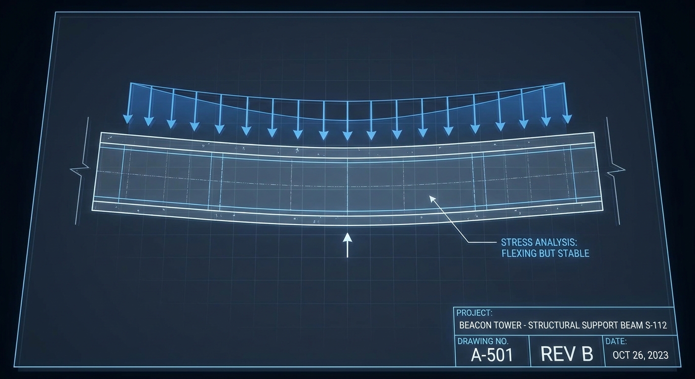 A technical blueprint of a structural support beam flexing under pressure but holding, with clean grids and dark blue slate background.
