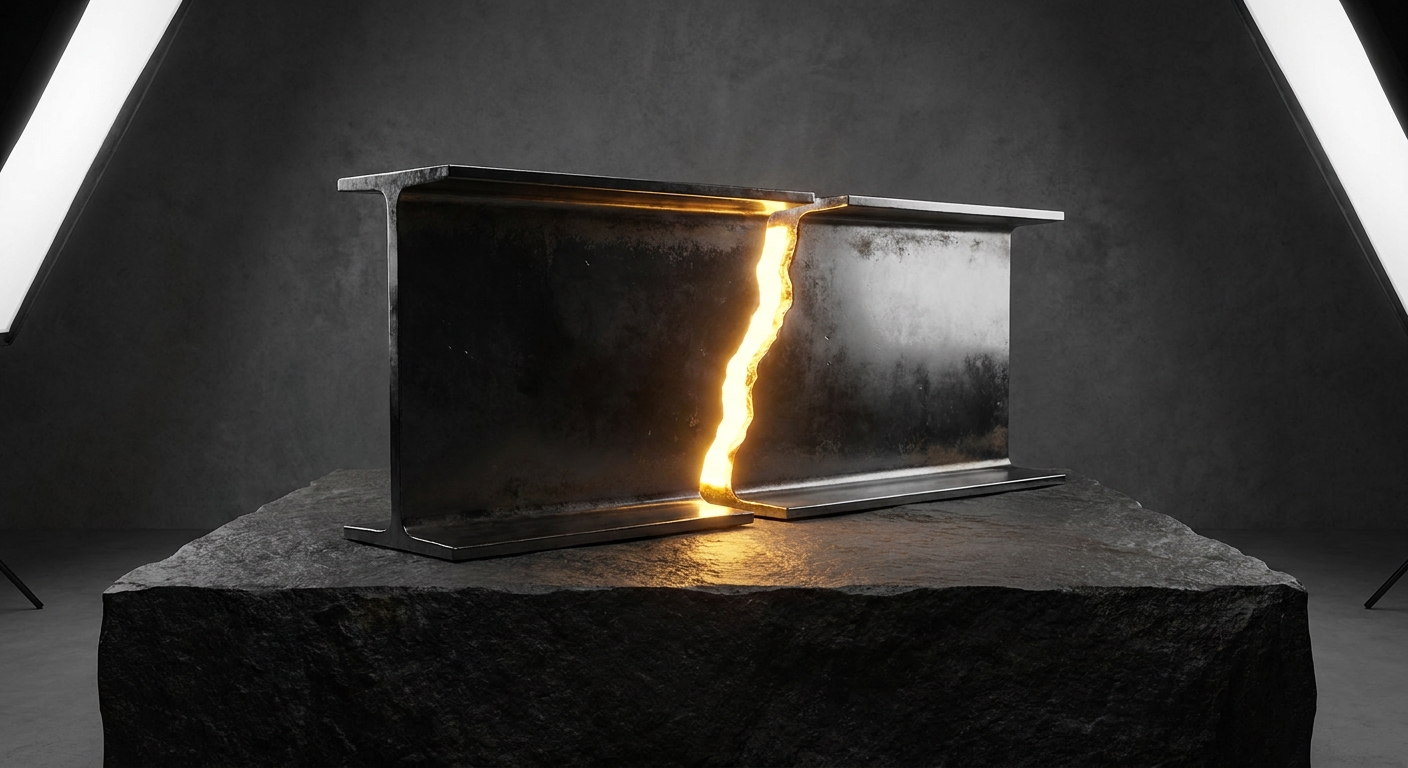 Abstract sculpture of a cracked steel beam revealing golden light from within